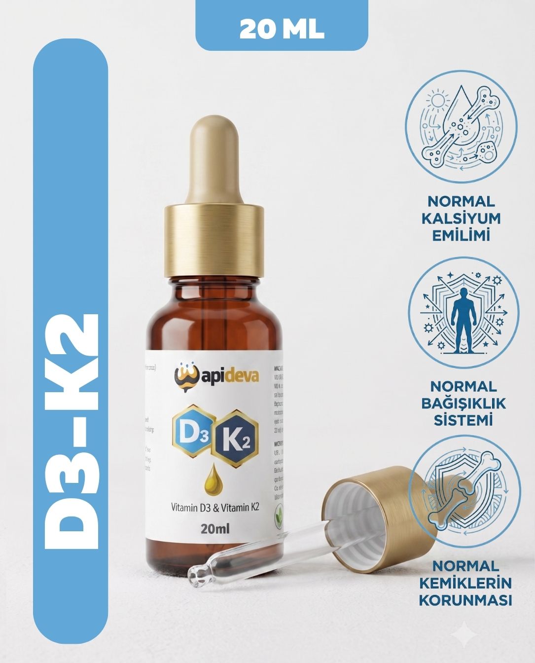 Apideva D3 + K2 Takviyesi, 1000 Iu Sızma Zeytinyağı Bazlı Formül - 20 Ml